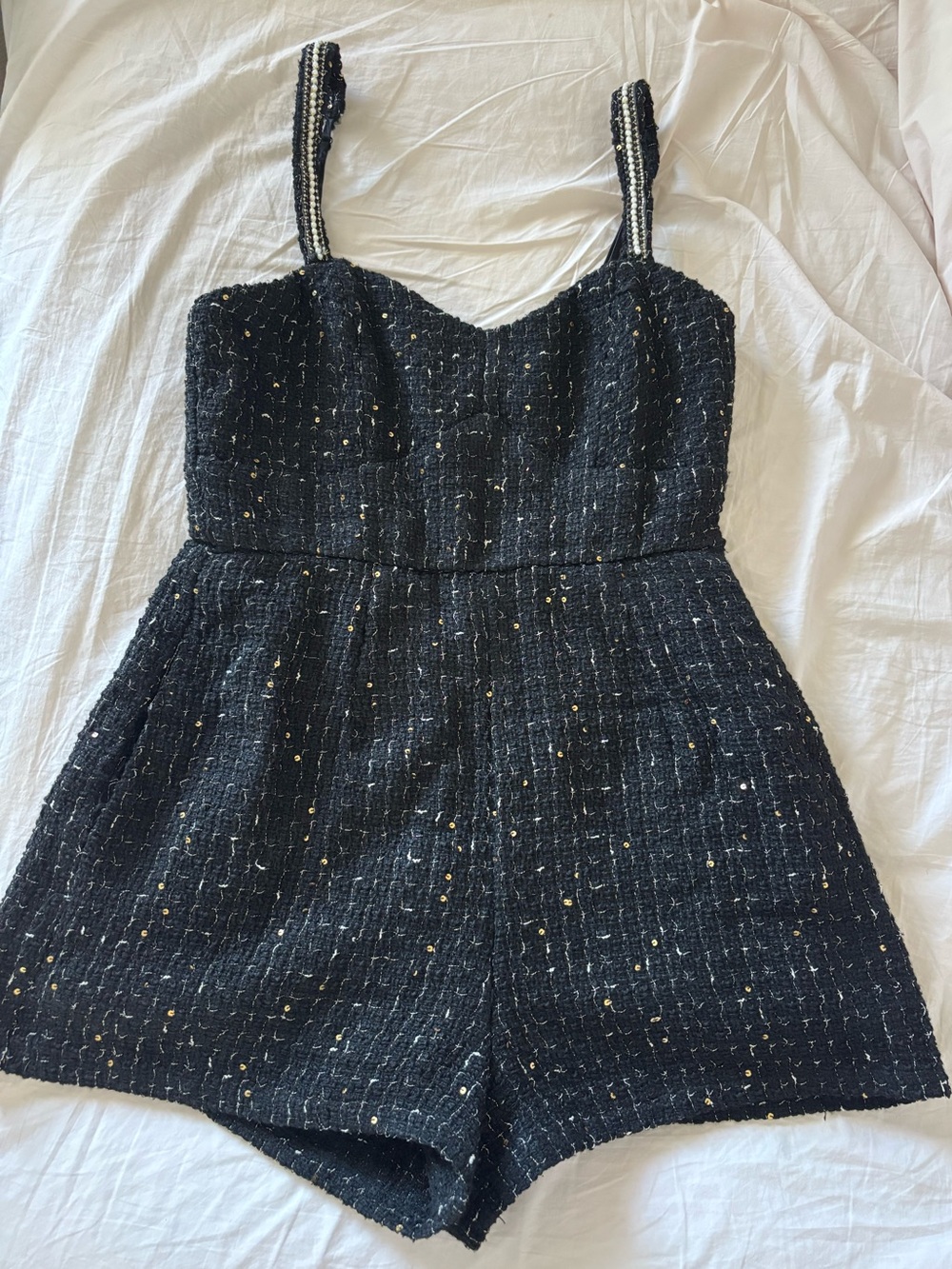 Francesca's Collections Black Tweed Romper with Gold Accents
